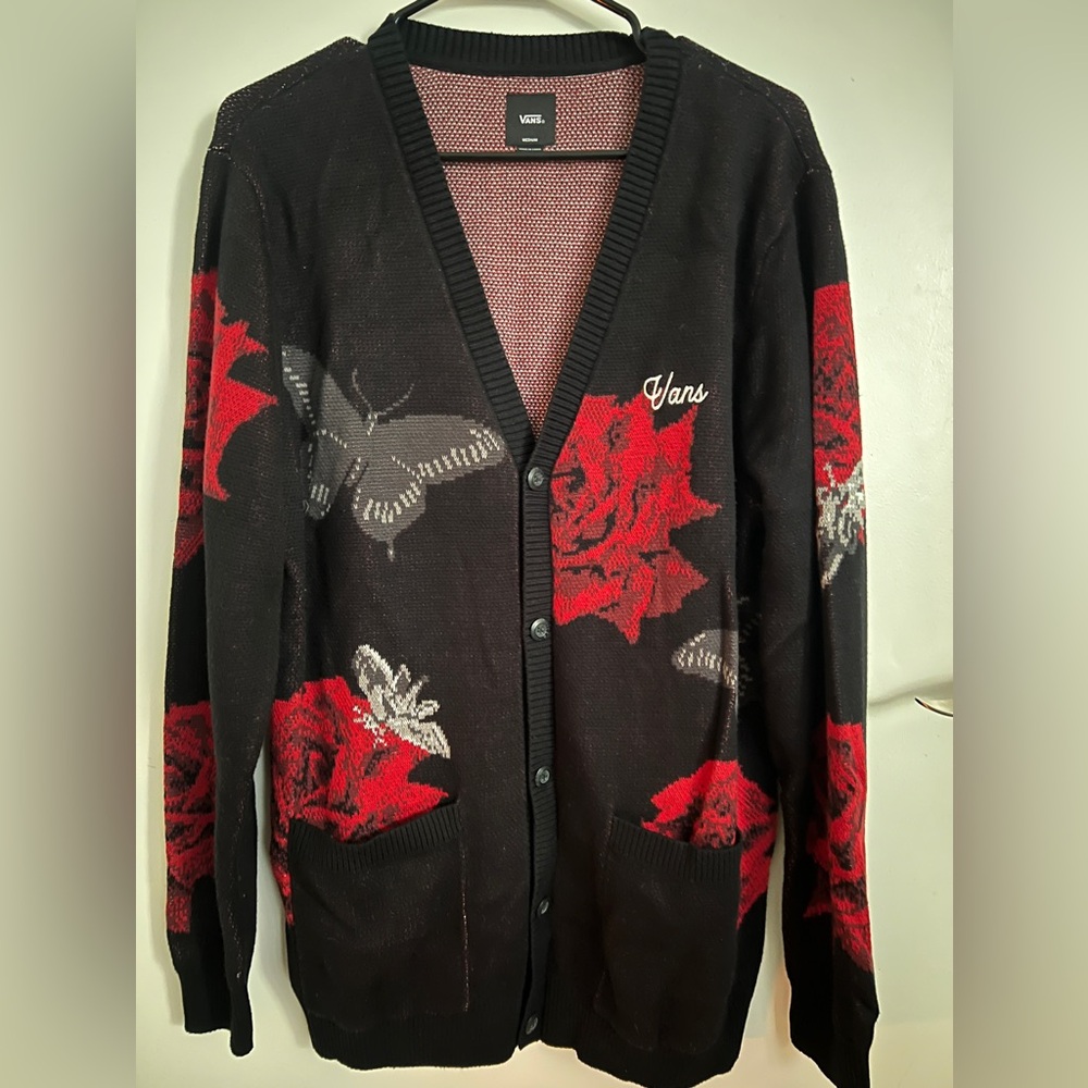 Vans Composite Rose Jacquard Cardigan Sweater with roses and butterflies